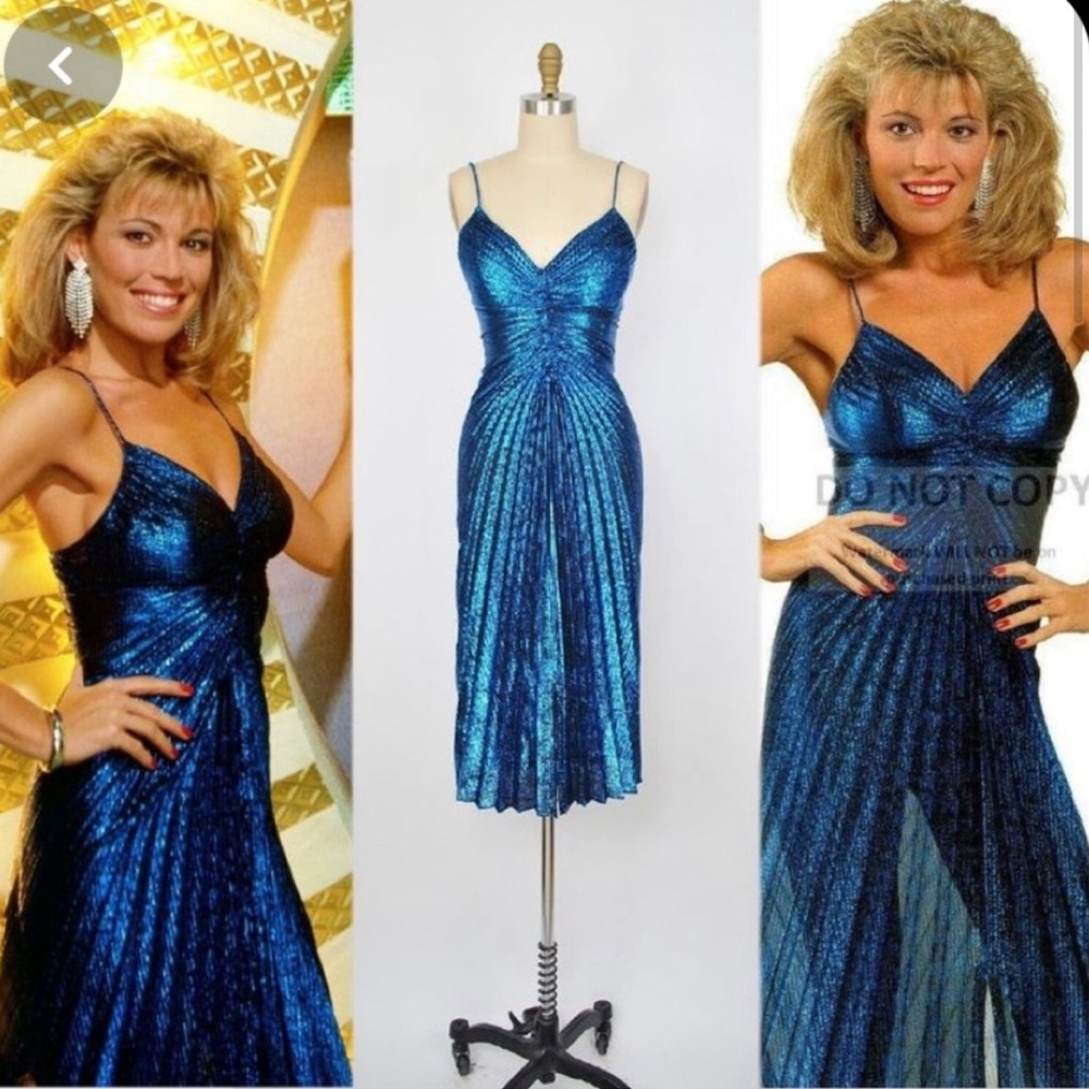 Blue Metallic Spaghetti Strap Pleated Midi Dress